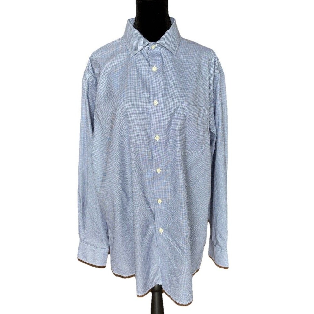 Pronto Uomo 17.5 34/35 Non Iron Dress Shirt Blue & White 100% Egyptian Cotton